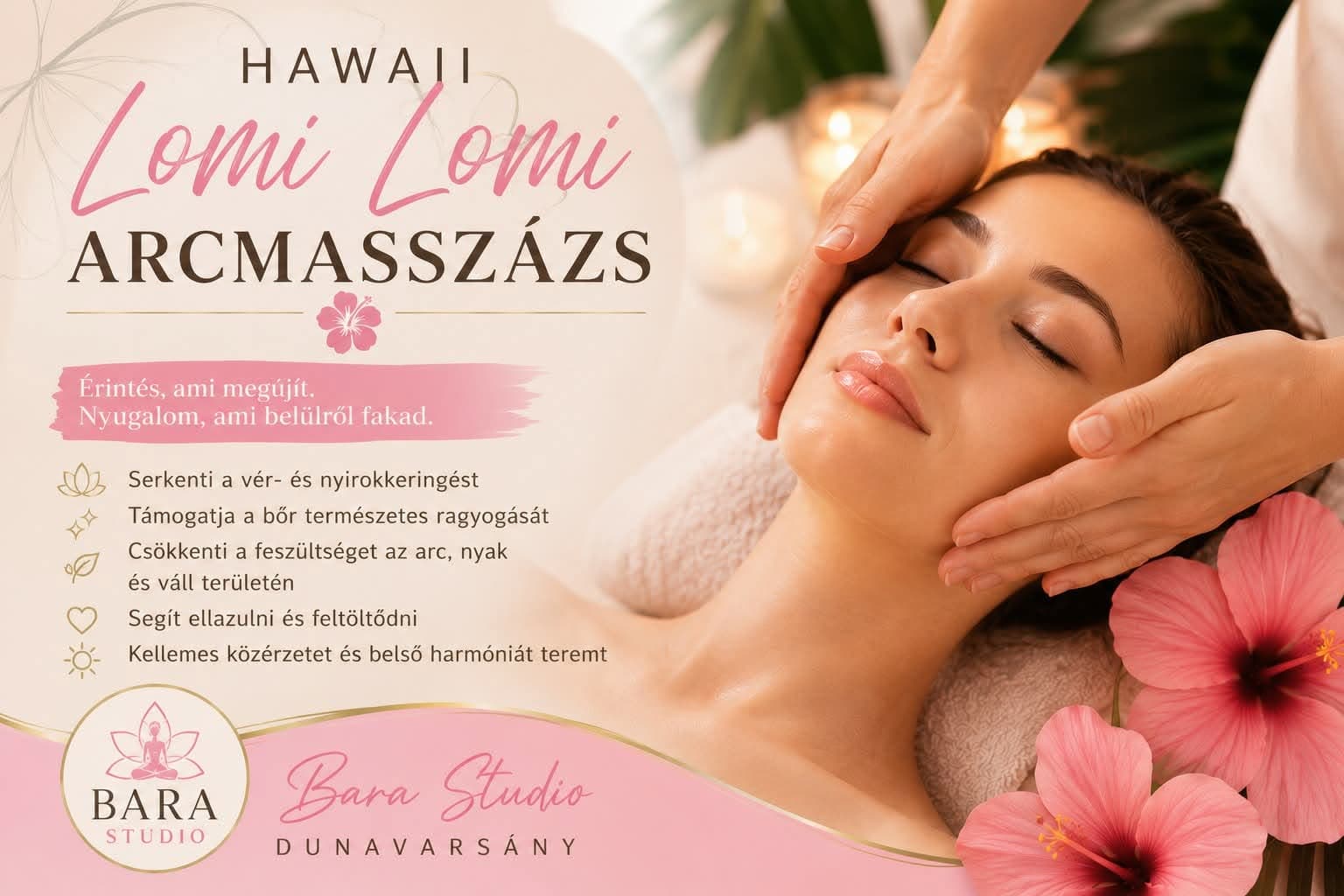 Hawaii Lomi Lomi arcmasszázs plakát, Bara Studio Dunavarsány